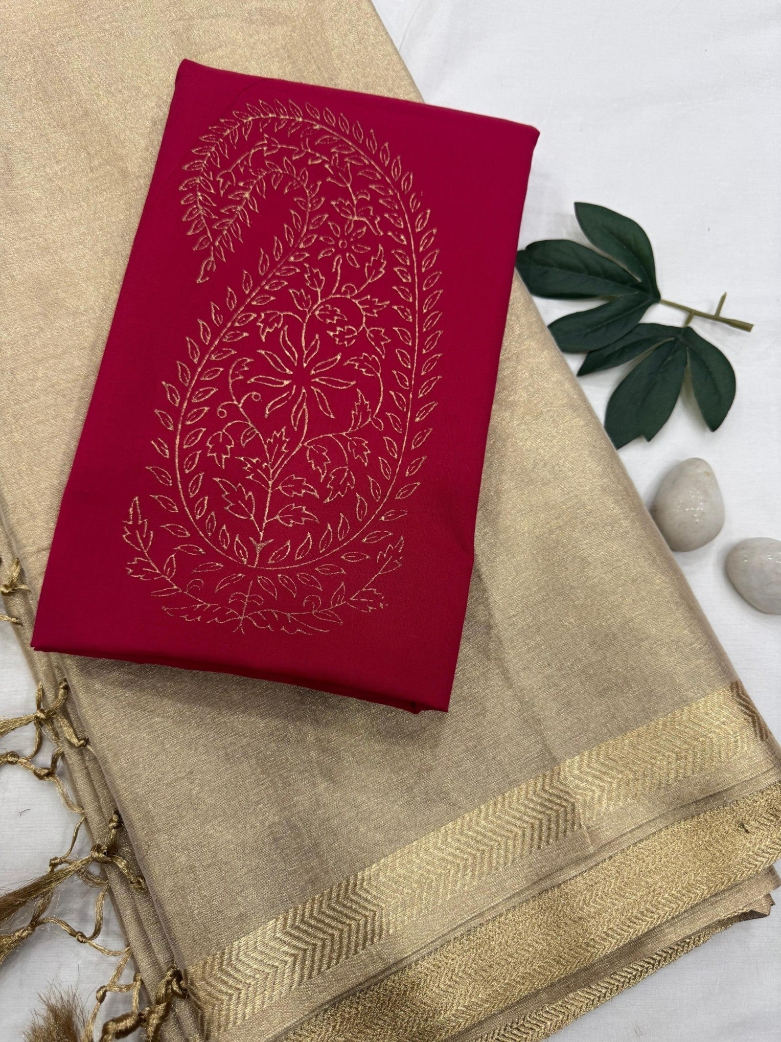 Gold Tissue Saree with Red Paisley Bootie Blouse Fabric – Designer Wholesale Saree for Retailers